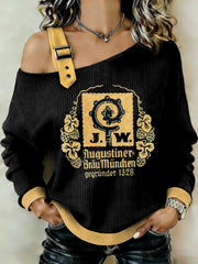 Damen-Beer-Lover-Patchwork-Print-Casual-Sweatshirt mit Schulterausschnitt