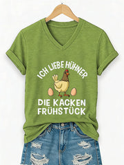 Damen-T-Shirt mit Kurzärmeln, „Ich liebe Hühner, die Frühstück kacken“-Schriftzug