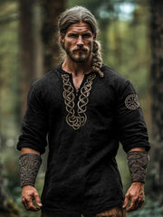 Herren-Viking-Oberteil aus Baumwolle und Leinen mit drei Vierteln ärmeln