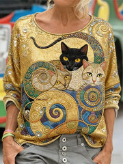 Frauen-lustiges Glitzer-Katzen-Art-Langarm-loses Sweatshirt