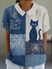 Damen-Retro-Blumen-Katzen-Print-Lässiges Hemd