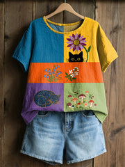 Damen-Retro-Floral-Katzen-Print-Casual-T-Shirt