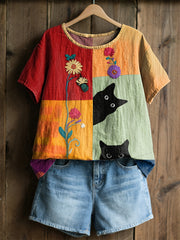 Damen-Retro-Floral-Katzen-Print-Casual-T-Shirt