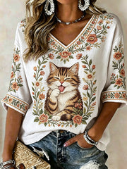 Damen-Plants-and-Flowers-Niedlicher-Katzen-Print-Lässiges-T-Shirt