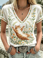 Damen-Plants-and-Flowers-niedliches-Katzen-Print-V-Ausschnitt-Casual-T-Shirt