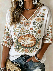 Damen-Plants-and-Flowers-Niedlicher-Katzen-Print-Lässiges-T-Shirt