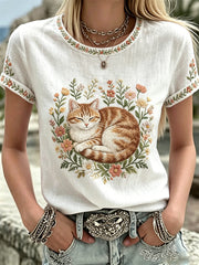 Damen-Plants-and-Flowers-Niedliches-Katzen-Print-Casual-T-Shirt