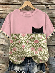 Damen süßes Katzenmotiv lässiges Kurzarm-T-Shirt
