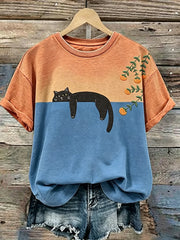 Damen süßes Katzenmotiv lässiges Kurzarm-T-Shirt