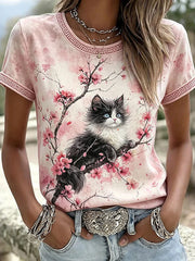 Damen-Casual-T-Shirt mit Katzen- und Tierstickerei sowie Print