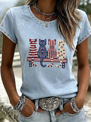 Damen-Casual-T-Shirt mit Katzen- und Tierstickerei sowie Print