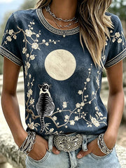 Damen-Casual-T-Shirt mit Katzen- und Tierstickerei sowie Print
