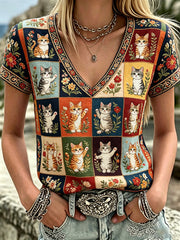 Damen-Plants-and-Flowers-niedliches-Katzen-Print-V-Ausschnitt-Casual-T-Shirt