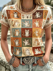 Damen-Plants-and-Flowers-Niedliches-Katzen-Print-Casual-T-Shirt