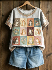 Damen-Plants-and-Flowers-Niedliches-Katzen-Print-Casual-T-Shirt