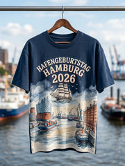 Herren-Hafengeburtstag-Print-T-Shirt mit kurzen Ärmeln