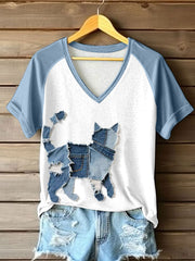 Frauen niedliche Katze Patchwork Kunst V-Ausschnitt T-Shirt