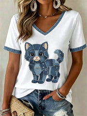 Damen-Floral-Katzen-Print-Casual-V-Ausschnitt-T-Shirt
