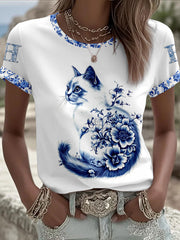 Damen-Tier katze Retro Unisex Lässiges Kurzarm-T-Shirt