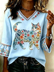 Damen-Blumen-Katzen-Print-Casual-Top