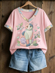 Damen-Floral-Katzen-Print-Casual-V-Ausschnitt-T-Shirt