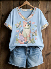 Damen-Floral-Katzen-Print-Casual-V-Ausschnitt-T-Shirt
