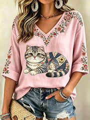 Damen-Floral-Katzen-Print-Casual-V-Ausschnitt-Top