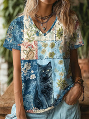 Damen-Katzenkunstdruck-Lässiges T-Shirt