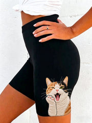 Damen-Leggings mit süßem Katzenmuster, elastisch