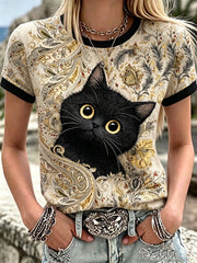 Damen Vintage Schwarz Katze Kunst Leinen Rundhalsausschnitt Kurzärmelig Top