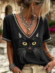 Damen Vintage Schwarz Katzen gesicht Kunst Leinen V-Ausschnitt kurze Ärmel Top