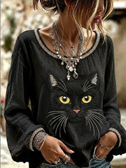Damen-Top im Vintage-Stil mit schwarzer Katzen-Gesichts-Optik, aus Leinen, Rundhalsausschnitt