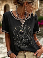 Damen-Top im Vintage-Stil mit schwarzer Katzen-Gesichts-Optik, aus Leinen, Rundhalsausschnitt, kurze Ärmel