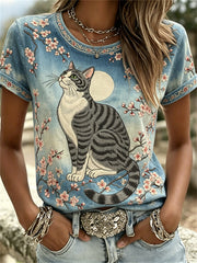 Damen-T-Shirts mit japanischem Kunst-Print in Verlaufsoptik: Katze und Kirschblüten