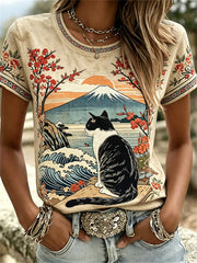 Damen-T-Shirts mit Katzen- und japanischen Landschafts-Motiven als Kunstdruck