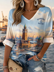Damen-Hamburg-Hafen-Kunstdruck-Waffel-T-Shirt