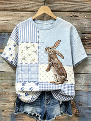 Damen Vintage Bunny Cottage Floral Patchwork Print Leinen T-Shirt