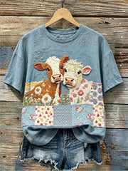 Damen Vintage Farm Kühe Floral Patchwork Print Leinen T-Shirt