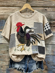 Damen Vintage Hahn Faser Kunst Patchwork Print Leinen T-Shirt