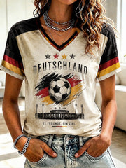 Damen-Fußball-T-Shirt aus Deutschland mit V-Ausschnitt und Print