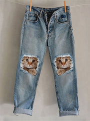 Damen-Hosen mit Katzenkunstdruck, lässig