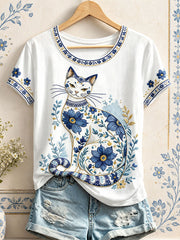 Damen-T-Shirts mit Blumen- und Katzenmuster