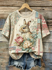 Damen Vinatge Bunny Roses Floral Patchwork Print Leinen Kurzarm T-Shirt