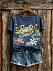 Damen-T-Shirt mit kunstvollem Teichfröschchen-Druck und kurzen Ärmeln