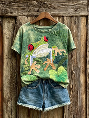 Damen-Vintage-Art-Print-T-Shirt mit Wald‑ und Baumfröschchen‑Motiv, kurzärmelig