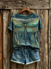 Damen-Vintage-Edel-Funktenschmetterling-Kunstdruck-T-Shirt mit kurzen Ärmeln