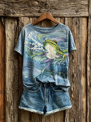 Damen-Schwimm-Frosch-Kunstdruck-T-Shirt mit kurzen Ärmeln
