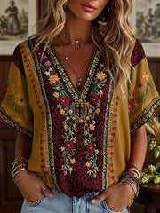 Damen-Boho-T-Shirt mit deutschem Blumenmuster, mittellange Ärmel und V-Ausschnitt