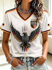 Damen-Fußball-T-Shirt aus Deutschland mit V-Ausschnitt und Aufdruck