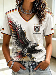 Damen-Fußball-T-Shirt aus Deutschland mit V-Ausschnitt und Aufdruck
